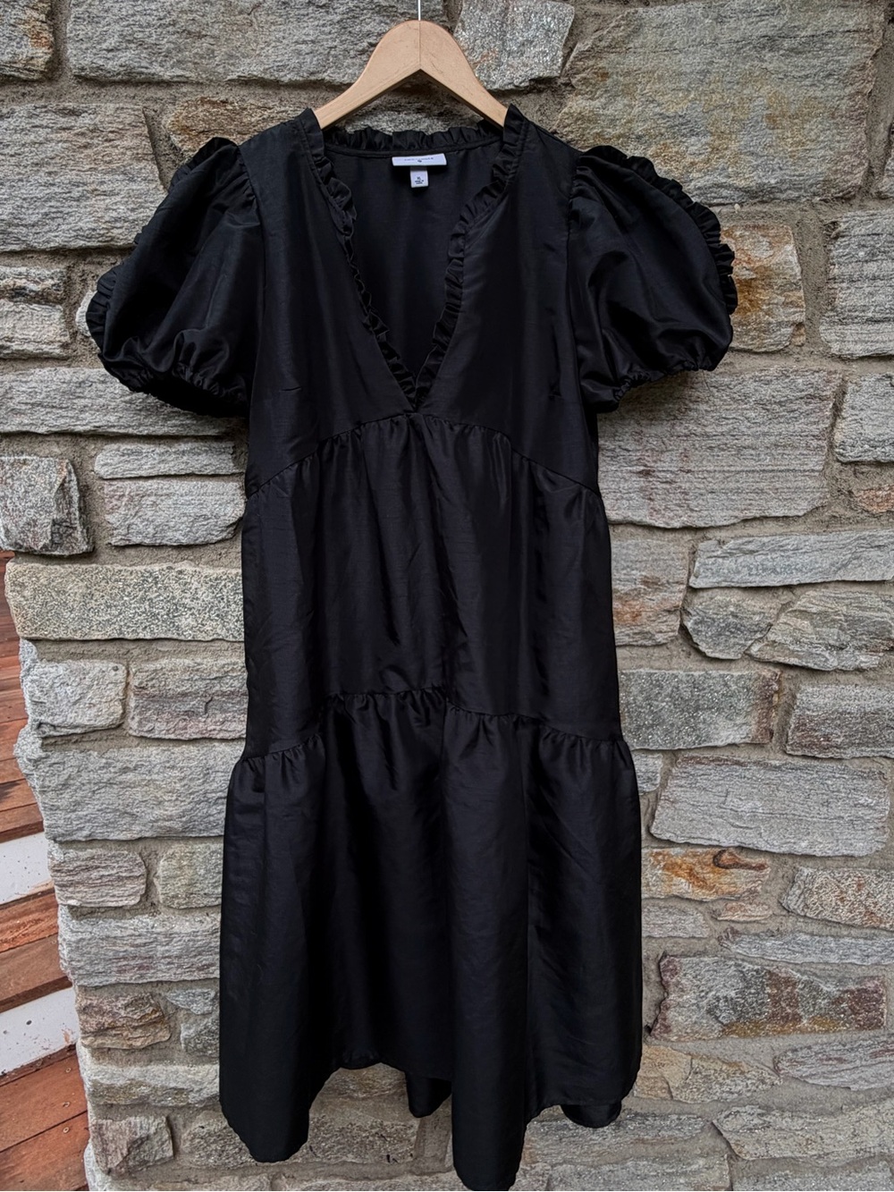 Kika Vargas Black Puff Sleeve V-Neck Tiered Dress